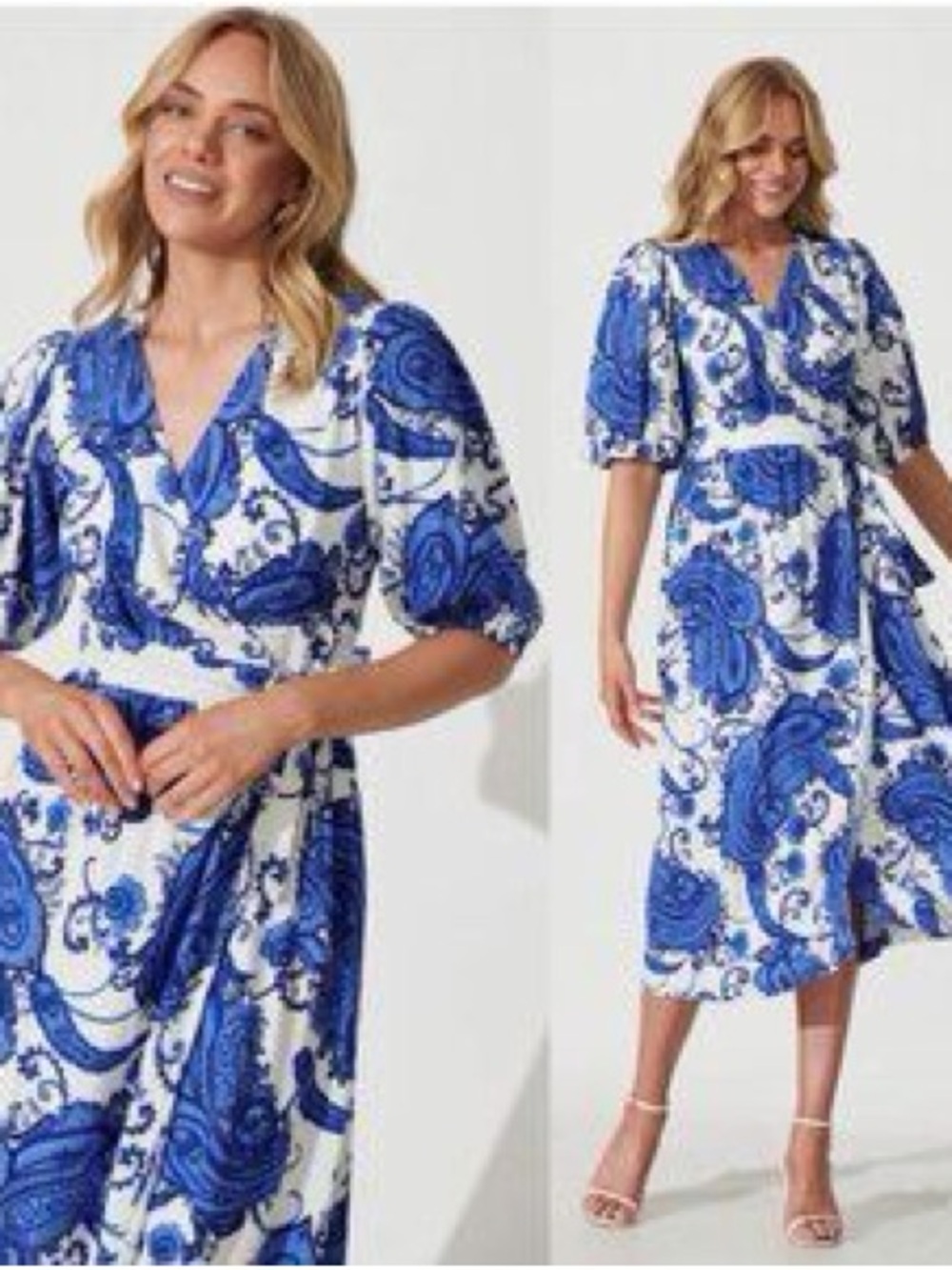 White Closet Paisley Wrap Cobalt Blue Linen Blend Midi Dress Size Small